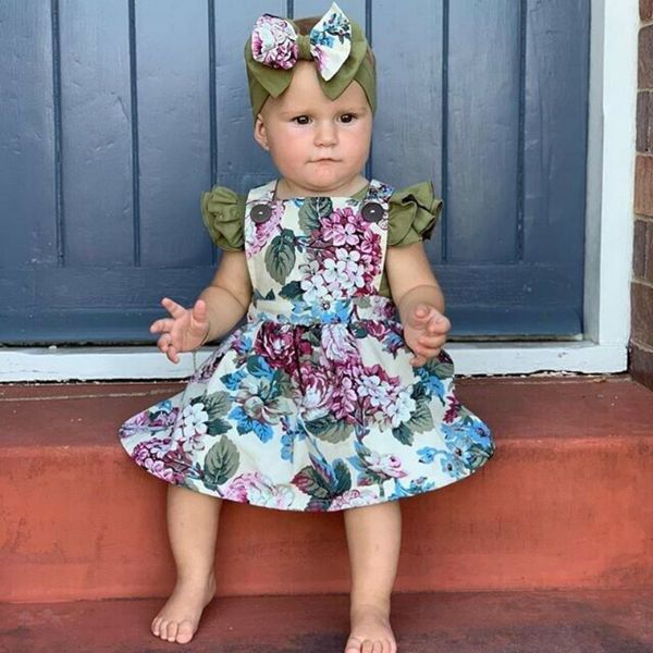 

newborn baby girl dress retro sweet strap dress jumpsuit + headband children's clothes suit, Red;yellow
