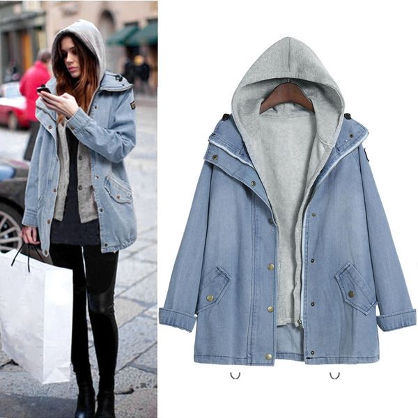 

2-piece set ladies coat winter women warm collar hooded coat jacket denim trench parka outwear y723, Black;brown