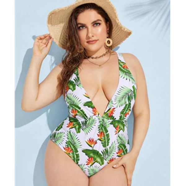 

plus size one piece swimsuit plunge v neck swimwear women halter monokini backless bathing suit plant print swimwear, White;black