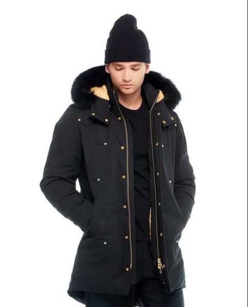 

Fa hion men 039 tag lake long down parka hooded with black fox fur collar gold ci or on the arm andra tudio