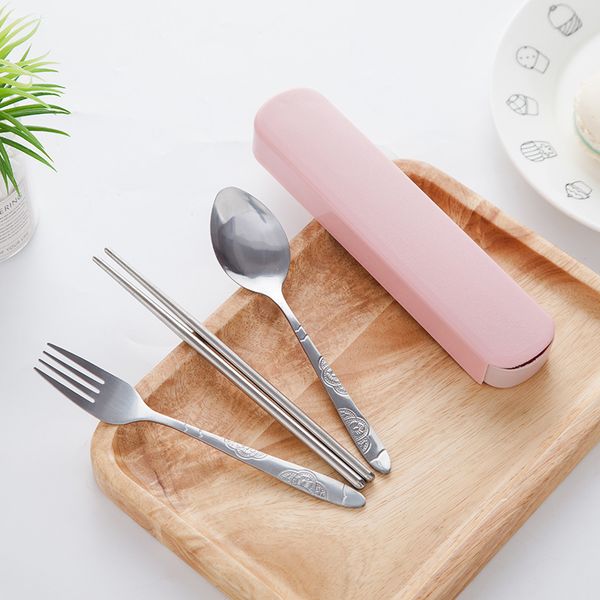 

new stainless steel clean and hygienic outdoor travel tableware set portable chopsticks spoon fork three-piece boxed tableware set