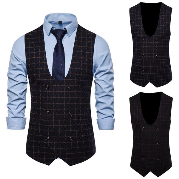 

male men fashion business smart casual plaid double breasted vest wedding party waistcoat vintage gilet jacket ng, Black;white
