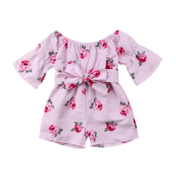 

6M-5T Brand New Princess Baby Girl Floral Romper Off shoulder Flare Sleeve Bow Striped Jumpsuit Playsuit Outfit Sunsuit Clothes