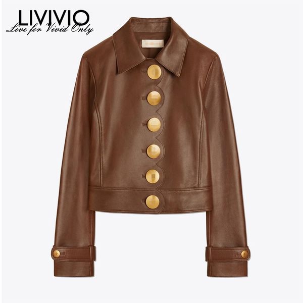 

livivio] gold single breasted long sleeve high waist turn-down collar pu faux leather brown jacket coat women streetwear new, Black;brown