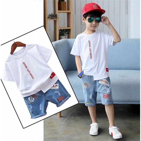 

big boy short sleeve t shirt+a pair of jeans 2pc sport sets summer children's clothing kids new summer boys clothes suits 3-13y t200103, White