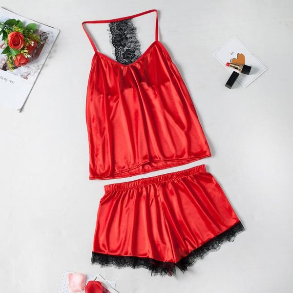 

2019 women silk pajamas sleepwear pyjamas sets summer lace shorts plus size sling tank casual home night wear sleep clothes, Black;red