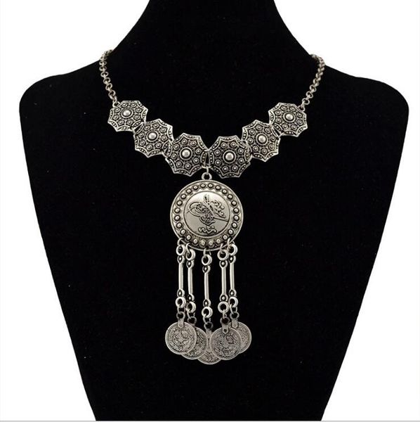 

boho ethnic statement big choker necklace women vintage silver maxi necklace pendant women's large collier coin collar, Golden;silver