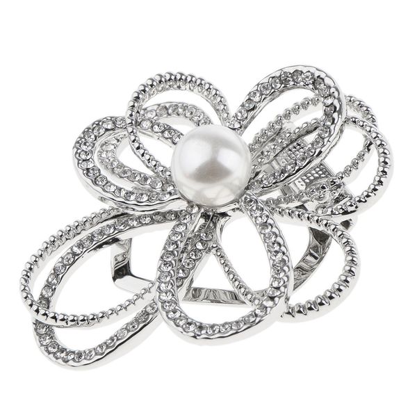 

crystal flower imitation pearl scarf ring buckle safety pin brooch 2 in 1, Gray
