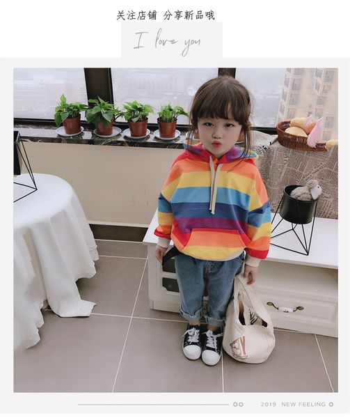 

2019 new spring item girl print rainbow hooded top, Blue