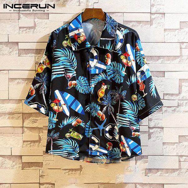 

incerun fashion hawaiian shirt men printed half sleeve casual breathable turn-down collar loose camisa streetwear beach shirts, White;black