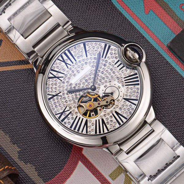 

luxury mens watch automatic mechanical movement mineral strengthened glass diamond face 316 stainless steel case strap 42mm 12mm a12-1, Slivery;brown