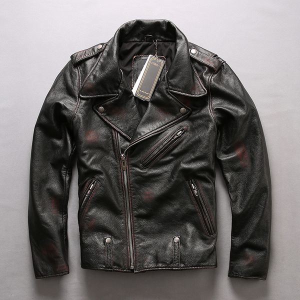 

2018 new arrival men motorcycle genuine leather jacket fashion turn-down collar cowskin riding biker jacket winter coats, Black