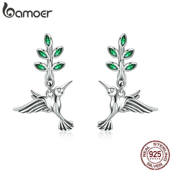 

bamoer 100% genuine 925 sterling silver hummingbirds greetings bird stud earrings for women fashion earrings jewelry sce464, Golden;silver