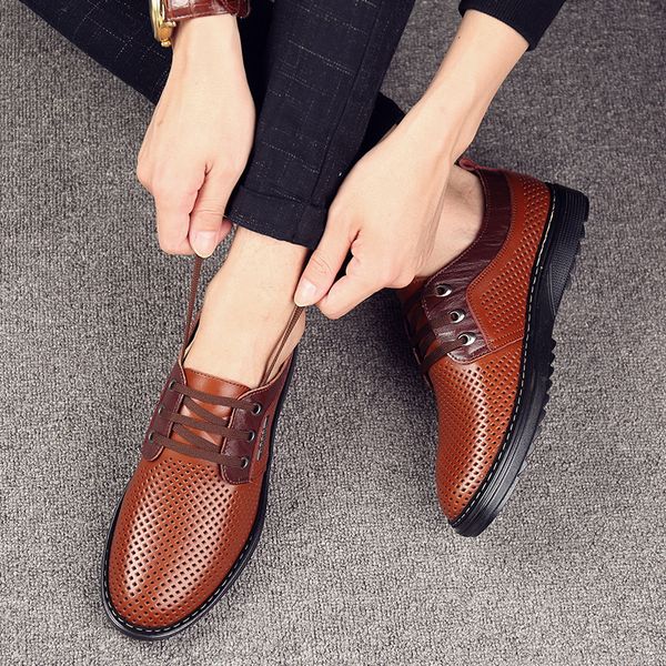 

men 's business casual breathable hollow leather shoes soft bottom leisure men's spring middle-aged genuine leather explosion, Black