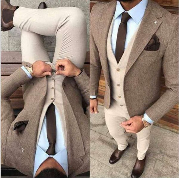 Winter Tweed Stoff Bräutigam Smoking Mann Anzüge Beige Männer Prom Party Mantel Hose K34