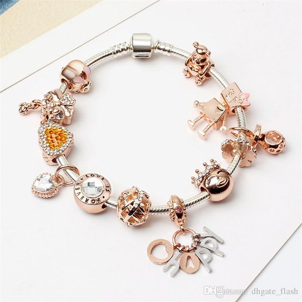 

мода шарм pandor стиль браслеты шарма браслет из бисера 925 серебряный розовое золото браслет беллы кулон браслет валентина подарка diy ювел, Golden;silver