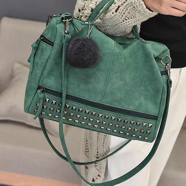 

vintage nubuck leather ladies handbags rivet larger women bags hair ball shoulder bag motorcycle messenger bag handle bag