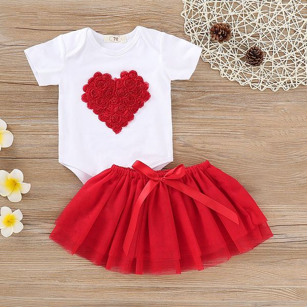 

valentine's toddler baby short sleeve heart-shaped rose romper+tutu skirt outfit vestido infantil baby show gifts a1, White