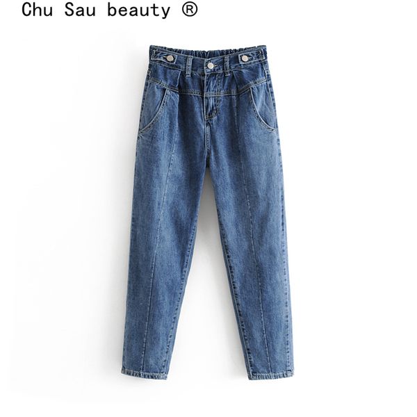 

chu sau beauty casual style vintage pencil cowboy pants women streetwear chic elastic waist lady's jeans new female trousers, Blue