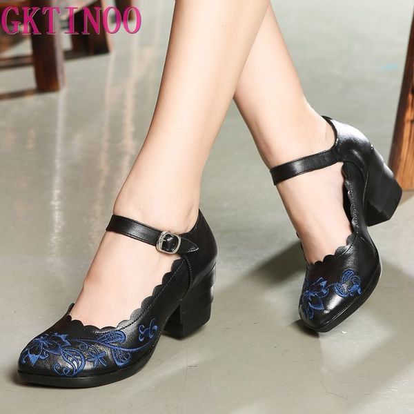 

new autumn shoes woman genuine leather women pumps lady pointed toe thick heel shallow mouth shoes embroider, Black