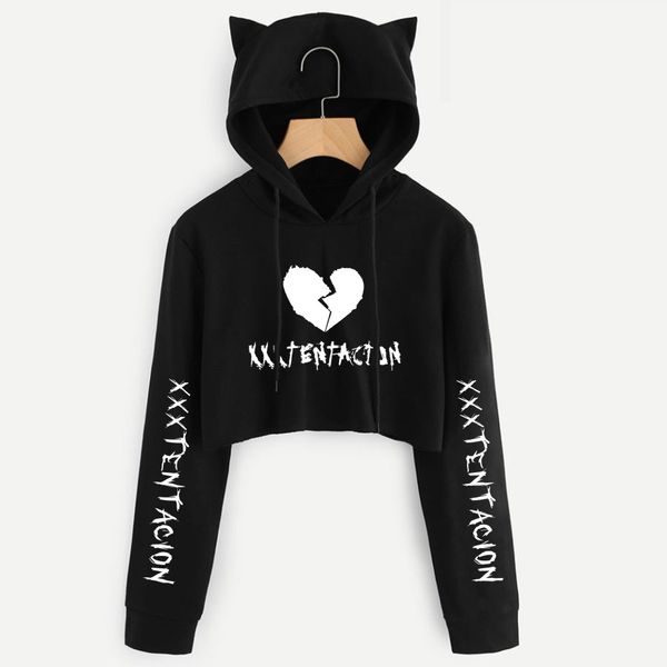 

heart-broken xxxtentacion cute womens hoodie crop hoodies streetwear cat ear cropped short sweatshirt kawaii hooded pullover, Black