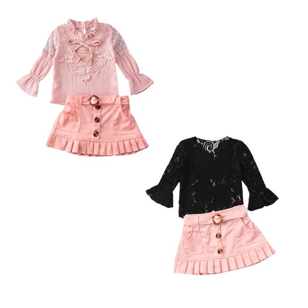 

pudcoco baby summer clothing 2-7y toddler baby kids girls clothes sets lace ruffles sleeve t shirts +pink a-line skirts 2pcs, White