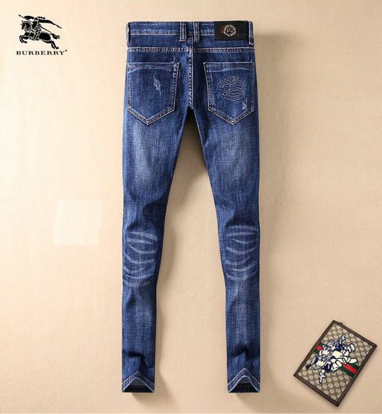 

burberri british mens designer jeans slim jeans luxury custom casual pants slim bike riding denim trousers hip hop jeans, Blue