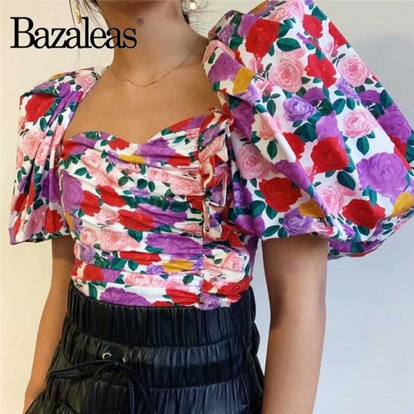

bazaleas chic floral print ropa mujer fashion puff sleeve blouse women harajuku side ruffles shirt vintage backless tie blouse, White