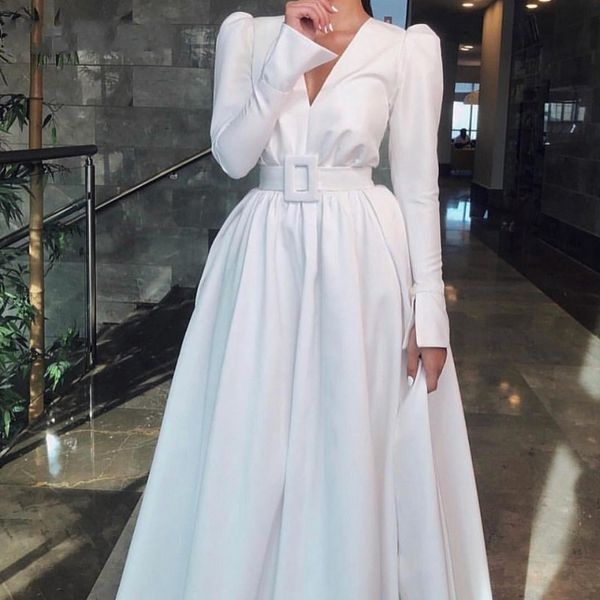 

white satin long sleeve fall winter evening dresses prom 2020 v-neck sashes draped empire waist princess dresses evening wear long formal, Black;red