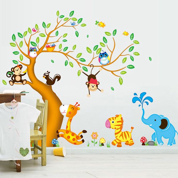 

2pcs/set large cartoon animal zoo 3d tree wall sticker kids baby rooms home decoration owl birds wall art decals wallpaper mural