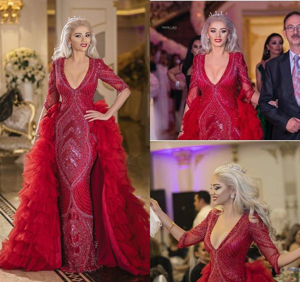 

2019 red gorgeous mermaid evening dresses with detachable overskirts v neck lace beads prom dress arabic girls pageant celebrity gowns, Black;red