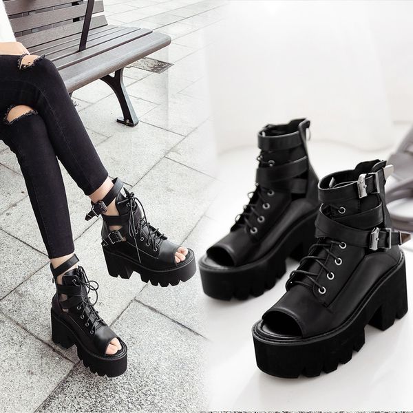 

ymechic 2019 spring summer peep toe gothic punk rock womens boots ankle buckle strap cross tied platform shoes motorcycle boots, Black