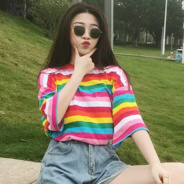 

striped t shirt women rainbow striped harajuku tshirt summer short sleeve korean punk t shirt camiseta feminina t8, White