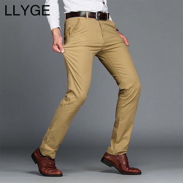 

llyge mens business pants 2019 casual stretch solid long straight trousers plus size fashion basic slim fit pockets pants, Black