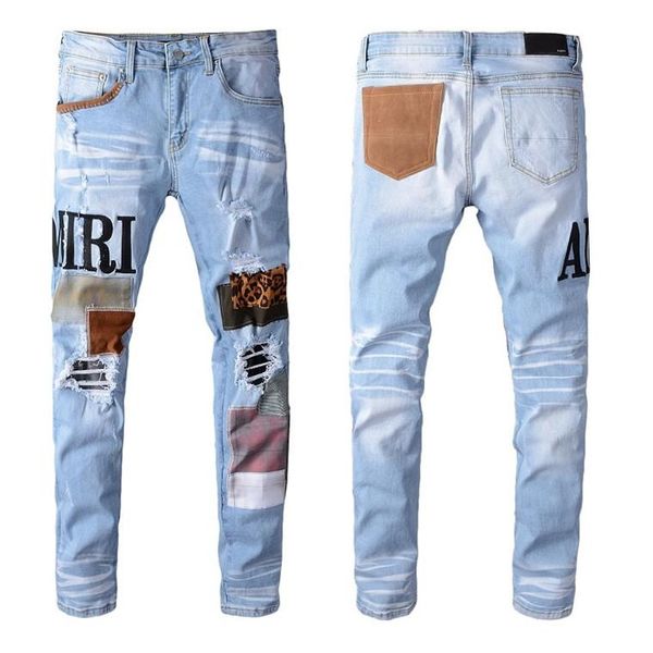 

new mens straight ripped denim pants with holes streetwear distressed jeans pants joggers plus size 28-40 washed blue
