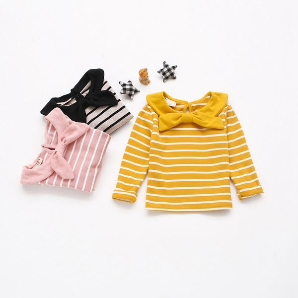 

casual autumn girls bow t-shirts infants toddler baby clothes kids children girl striped long sleeve pullover t-shirt s9136, Blue