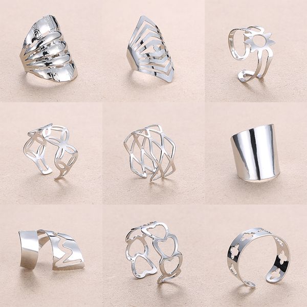 

rinhoo adjustable openwork striped flower heart shaped geometric open ring stainless steel ladies party jewelry rings, Golden;silver