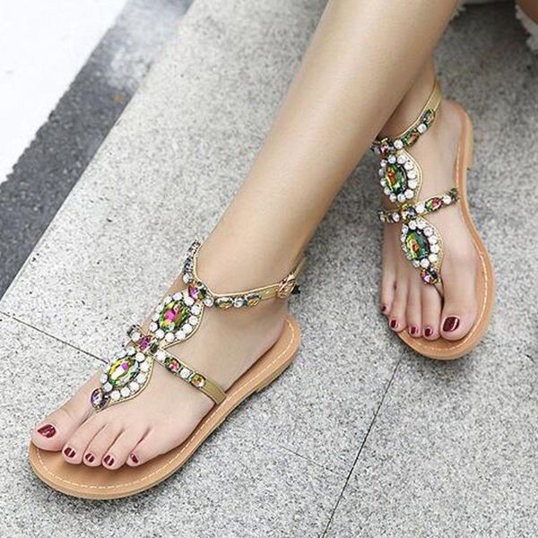 

sagace women's bohemian colorful rhinestone flats open toe flip flops belt bukle sandals summer casual shoes zapatos de mujer, Black