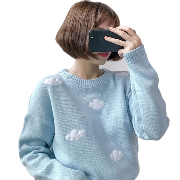 

autumn winter women sweater knitwear pullover 2018 new cloud embroidery loose long-sleeved knit jumper female sweater z45, White;black