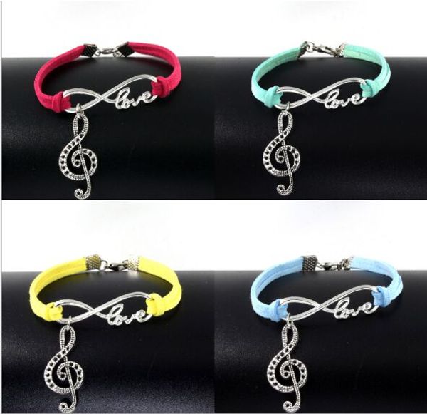 

1pc infinity handmade bracelet vintage antique silver music symbol bird charms infinity bangles leather bracelet 6409-6412, Golden;silver