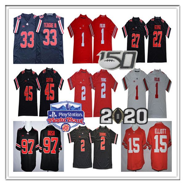 

2020 ncaa fiesta bowl ohio state buckeyes justin fields jersey 2 chase young jk dobbins elliott nick bosa griffin george teague osu 150th, Black