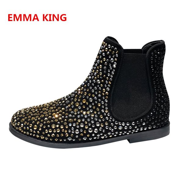 

2019 glittering rhinestones studded women flat heels ankle boots round toe slip-on style fashion shoes female autumn winter new, Black