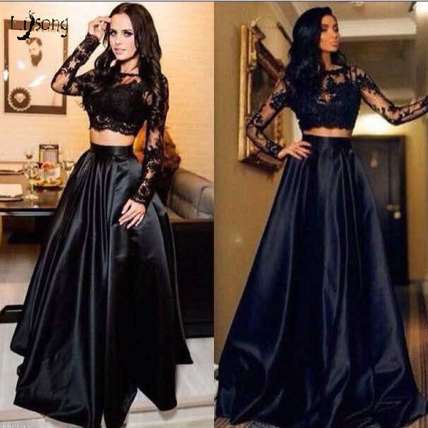 Moda Nero Due pezzi Abito da ballo Abiti Abito in pizzo Maniche lunghe Crop Top Corsetto di alta qualità Laurea Lady Girl Prom Party Event Wear