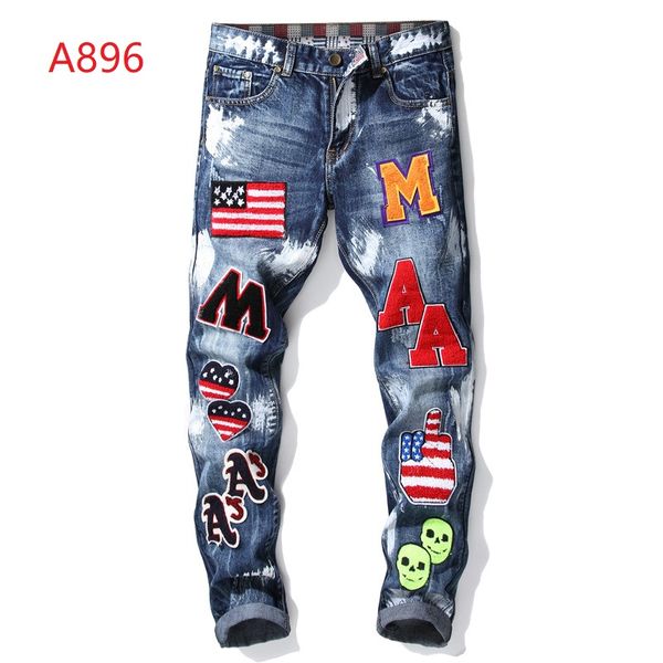 

wholesale-29-38 men designer clothes denim jumpsuit jean pants korean rock splash-ink stretch moto distressed ripped skinny men hole jeans, Blue