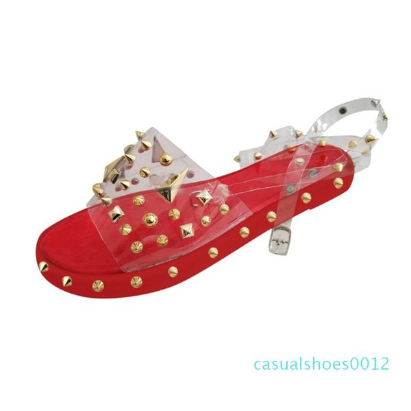 

women rivet sandals large size sandals ladies 2020 summer transparent film flat fishmouth studs women's bling metal flats cool girl c12, Black
