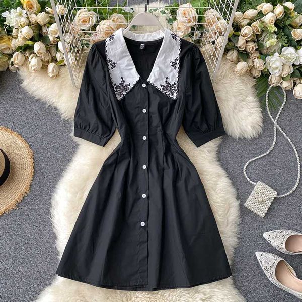 

2020 summer women embroidery dress vintage turn-down collar single breasted a-line black/beige dress for female new vestidos, Black;gray