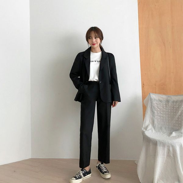 

women's suits & blazers autumn temperament double-breasted pink large size suit jacket casual feet pants set two-piece, White;black