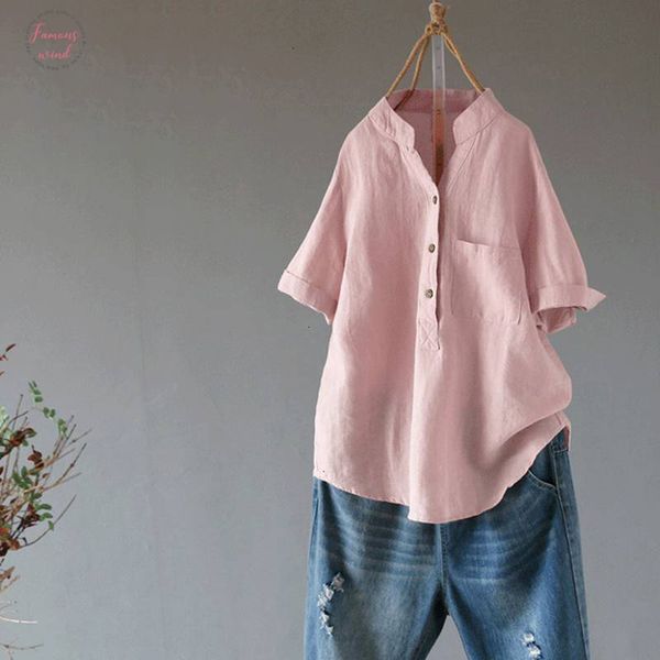 

summer elegant women v neck short sleeve loose blouse solid ladies casual shirt cotton solid linen robe femininas blusas, White