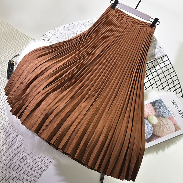 

2018 two layer women suede skirt pink high waist long pleated skirts womens saias midi faldas vintage women midi skirt, Black