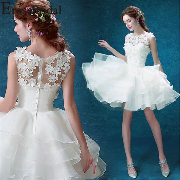 

erosrbridal short prom dress 2019 handmade flowers party gown with tiered gowns button back elegant scoop neck, White;black